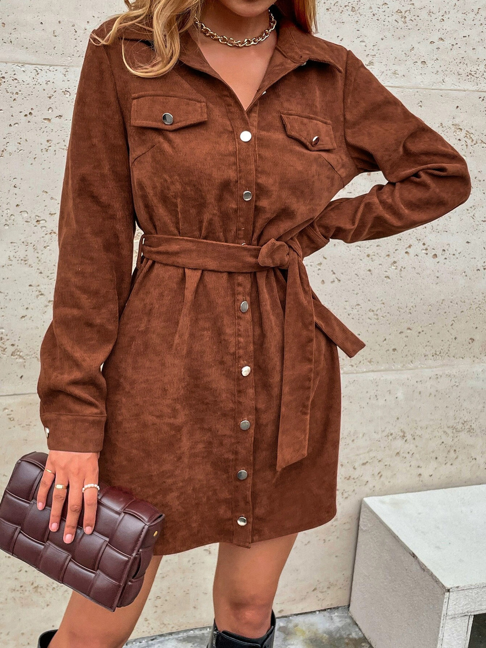 ZARA Spring Summer Corduroy Button Front Belted Shirt Dress Relaxed Long Sleeve - Picture 3 of 6